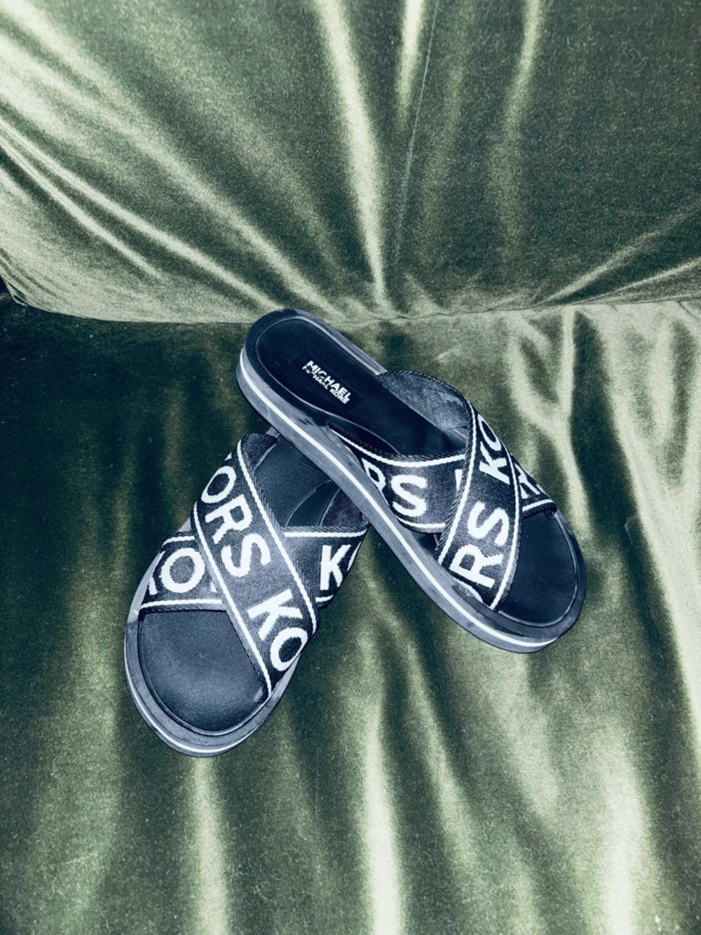 Michael Kors Black Cross-Strap Logo Slides